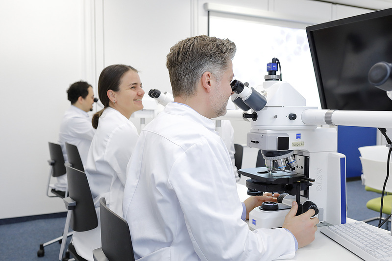 Prof. Dr. med. Philipp Ströbel und seine Kolleg*innen untersuchen Laborpproben unter Mikroskopen.